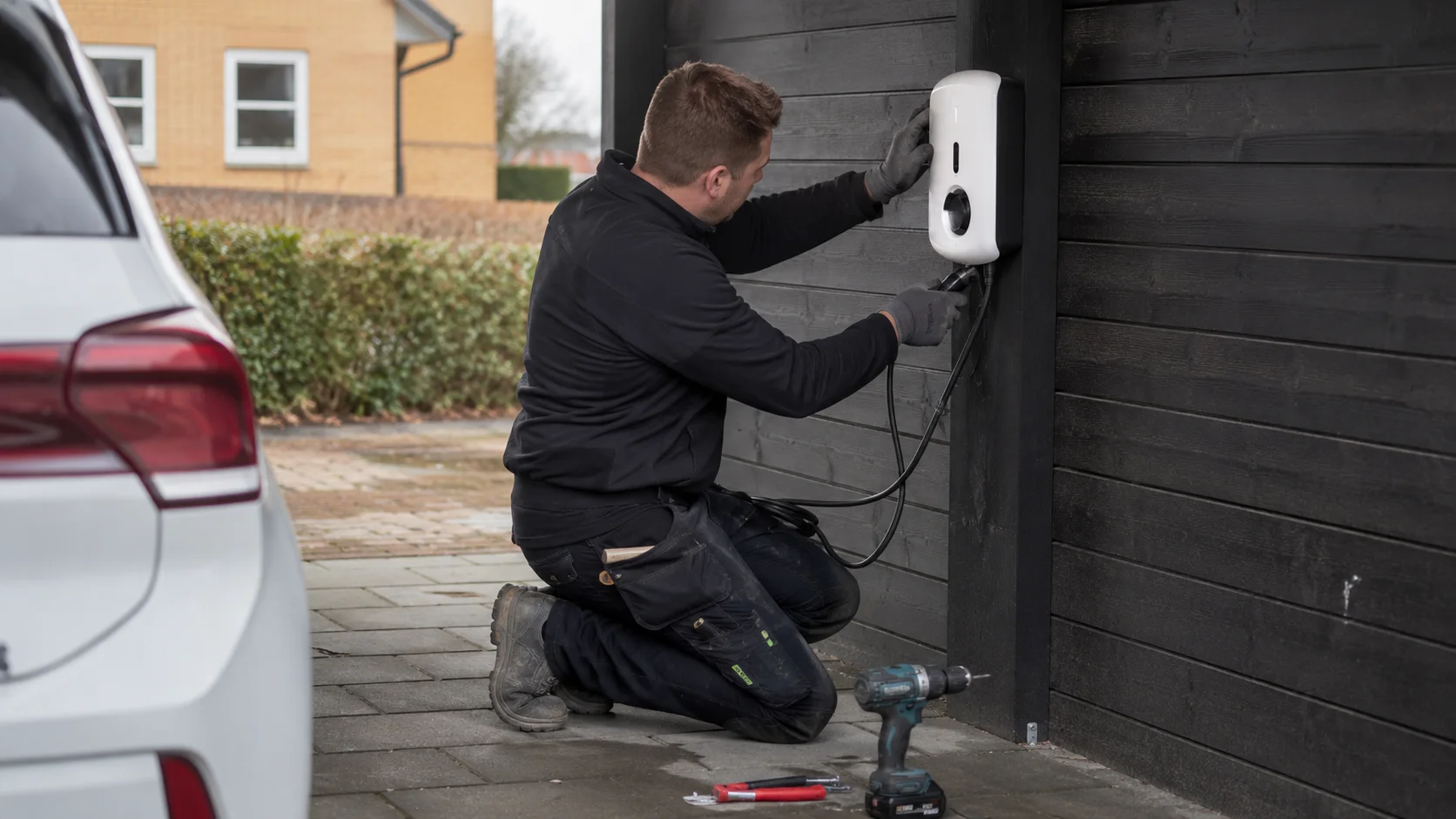 Elektriker monterer ladestander til elbil på carport ved hus i Dronninglund
