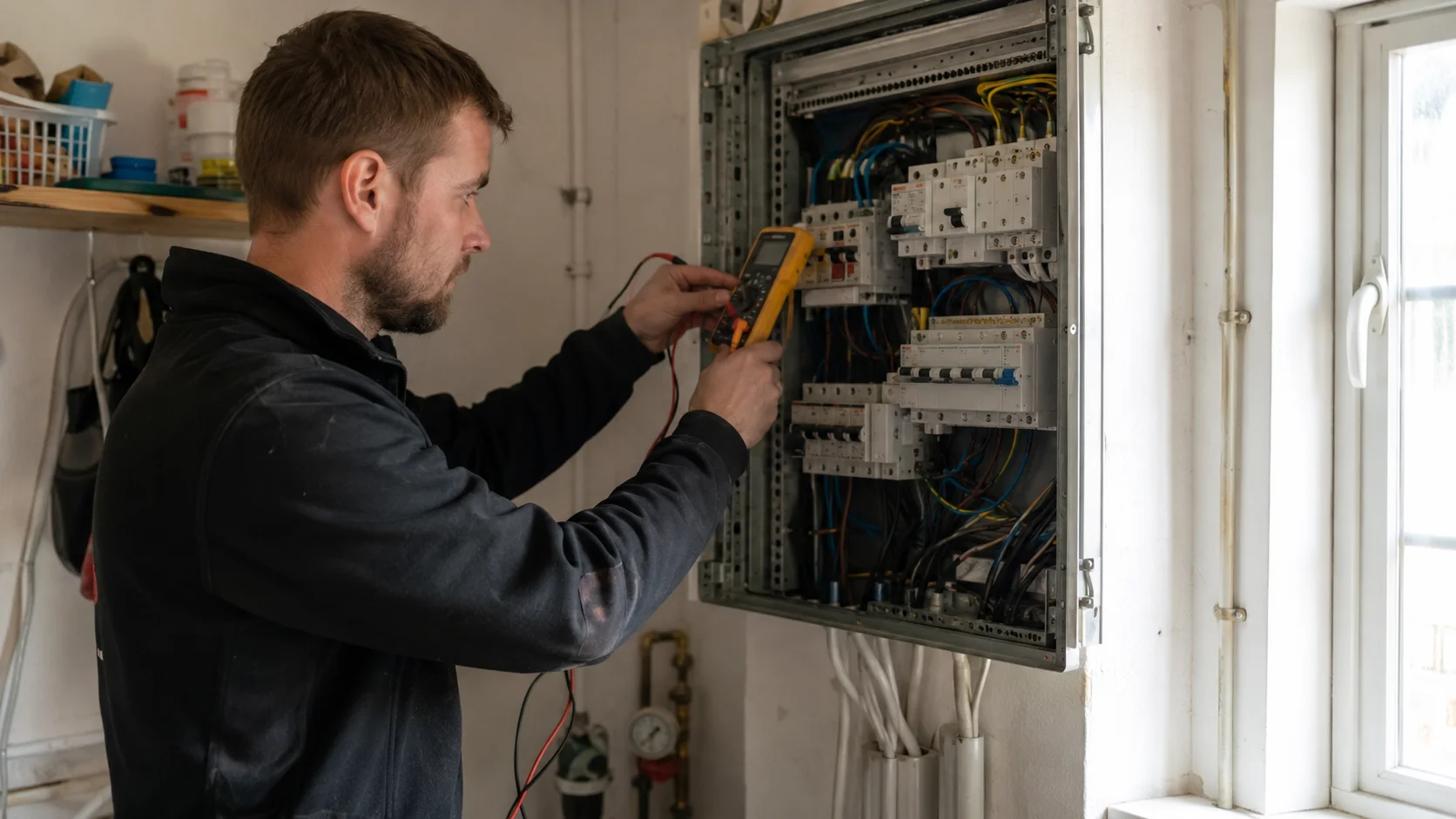 Elektriker måler efter i eltavle under fejlsøgning afregnet på timepris