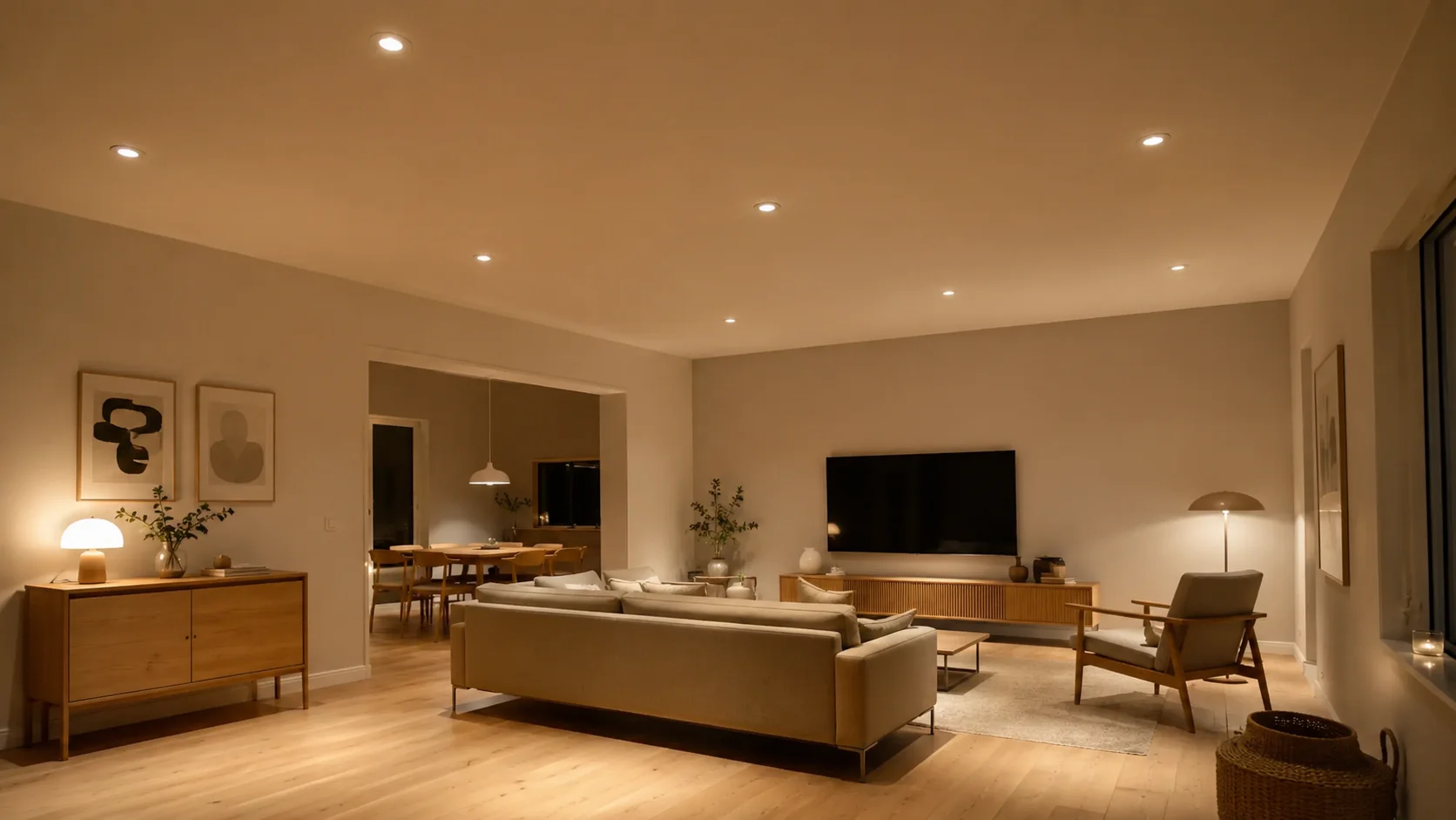 LED spots i loftet i en stue med varmt lys fra indbygningsspots