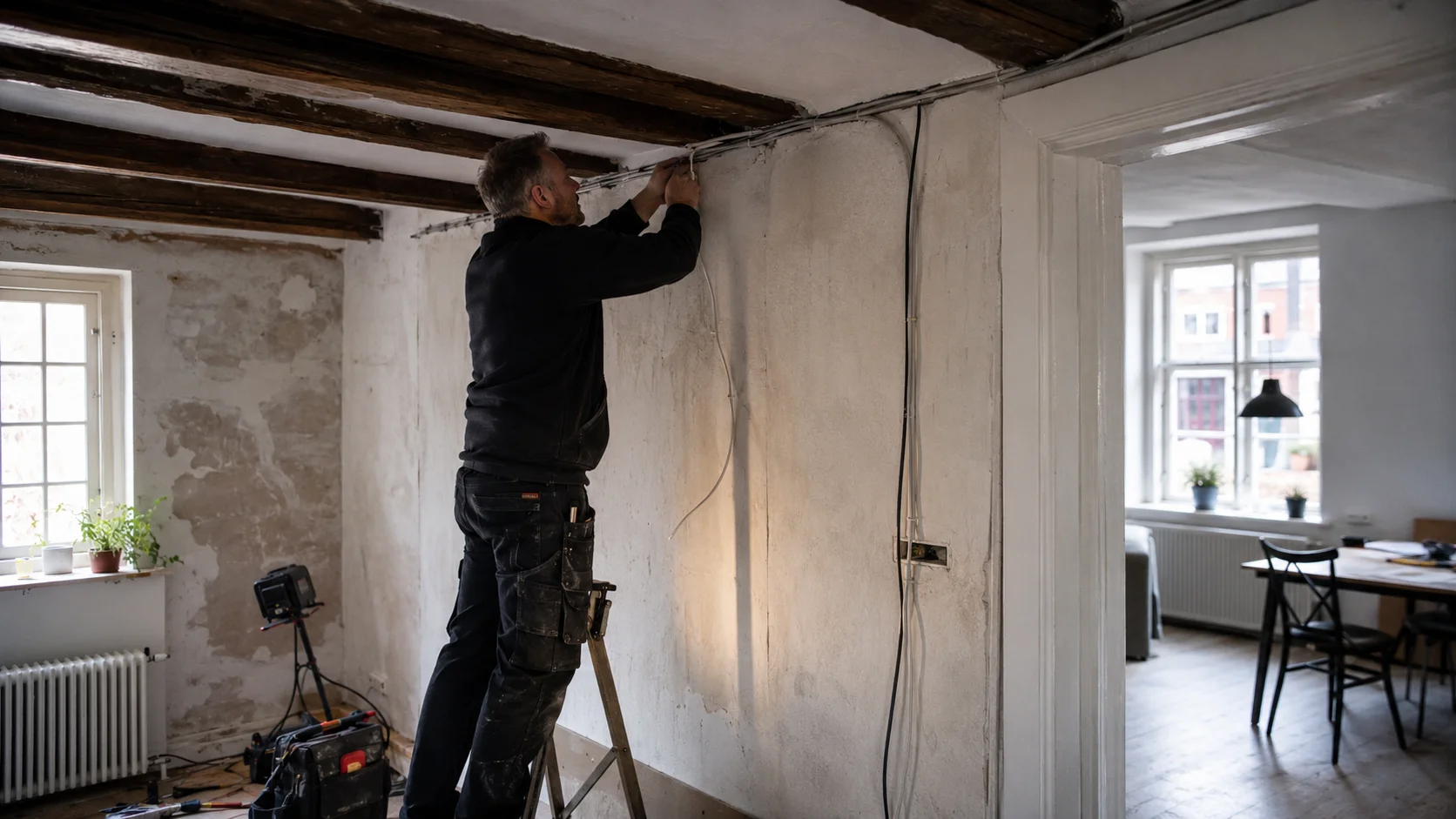 Elektriker trækker kabel i gammelt hus i Nibe med massive mure