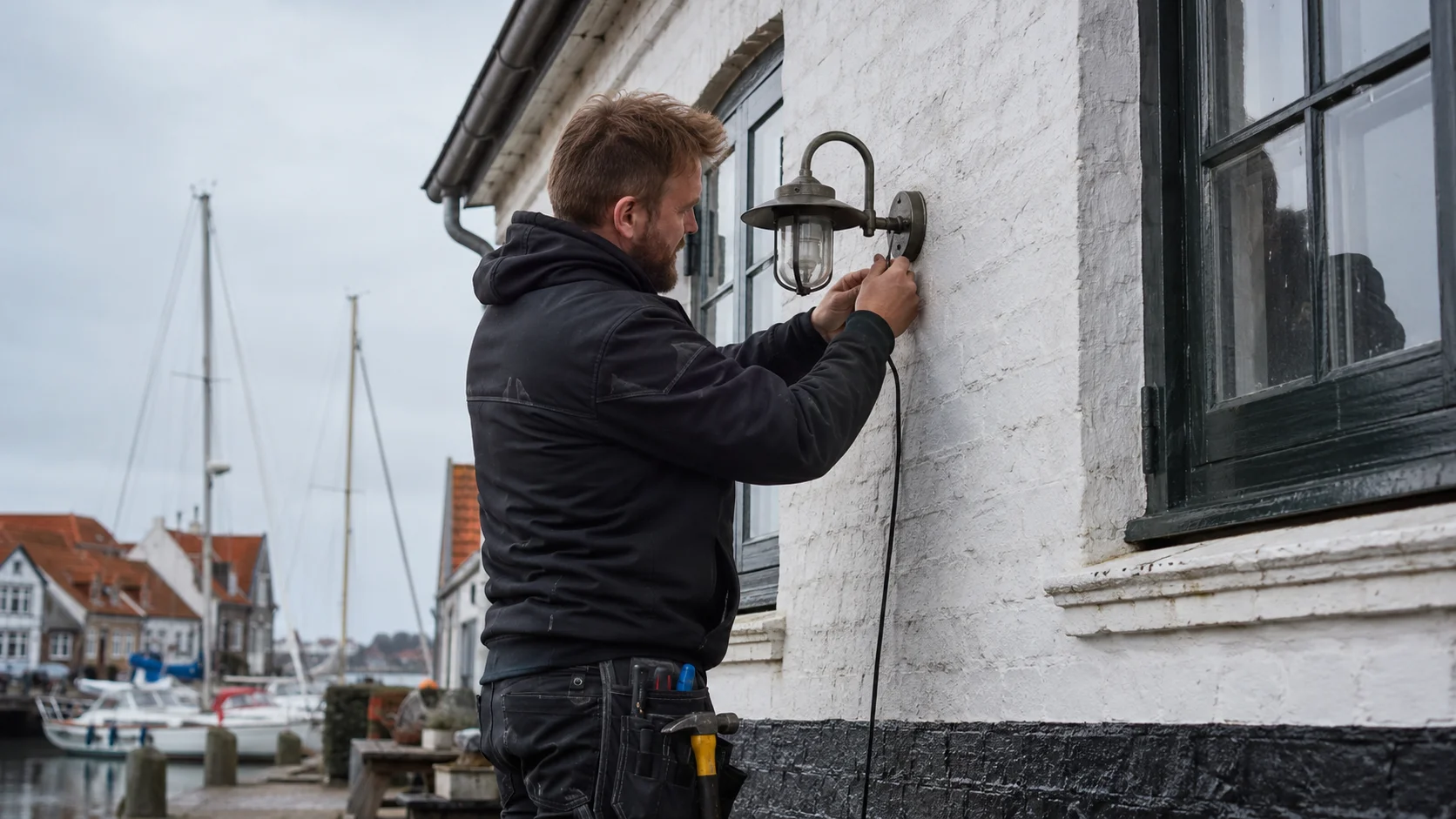 Elektriker monterer udendørs lampe på gammel facade i Nibe nær havnen