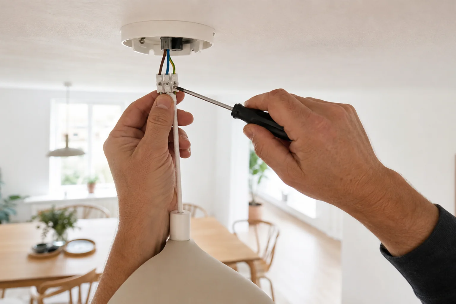 Elektriker tilslutter en pendellampes ledninger i loftudtaget