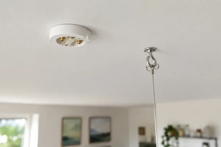 Lampeudtag og loftskrog i et hvidt loft, hvor krogen bærer lampen og udtaget leverer strøm