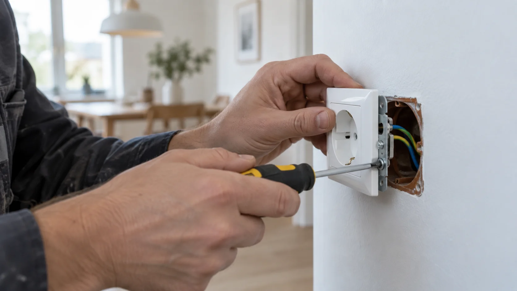 Elektriker monterer en Schuko-stikkontakt med sidejord i en dåse, hvor blå og gulgrøn leder er tilsluttet